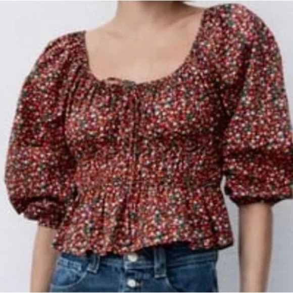 Zara Floral Print Puff Sleeve Peplum Top Size Small - Picture 3 of 4